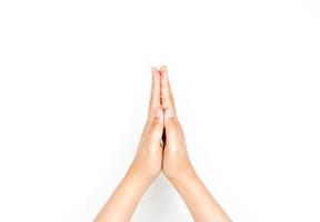 aplaudiendo o haciendo un namaste. una colección de gestos con las manos aislados en un fondo blanco. foto