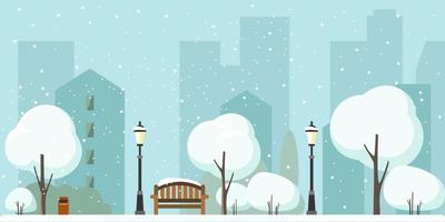 Winter city park with snow and big modern city background. Bench in winter city park, winter holidays concept in flat cartoon style in vector illustration.