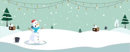 Landscape for winter and new year holidays. Falling snow, snowman, winter banner ilustration.