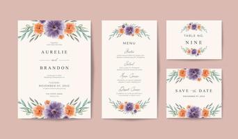 Plantilla de invitación de boda con ramo decorativo floral simple y hermoso. vector