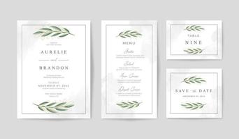 conjunto de invitación de boda con hermosas hojas doradas y verdes acuarela vector