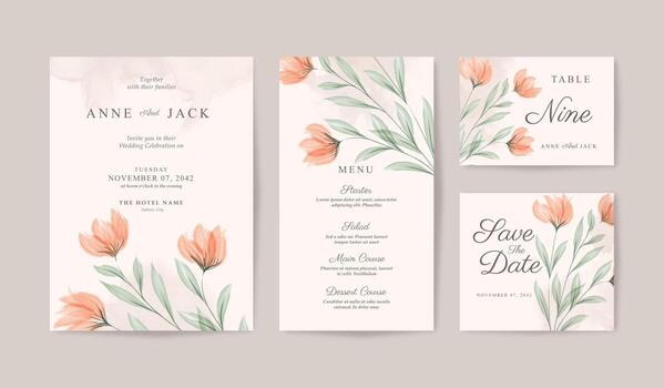 colección de tarjetas de boda minimalista con hermosas flores acuarela vector