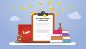 cryptocurrency legislation regulation concept with gold coin money and law books with modern flat style vector
