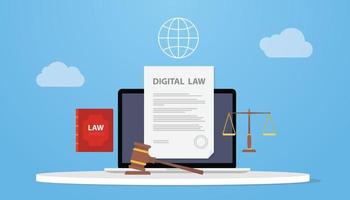 Tecnología de concepto de derecho digital con computadora portátil y libros de derecho y red de Internet con estilo plano moderno vector