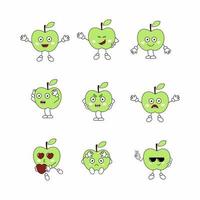 un conjunto de frutas con emociones en el rostro. divertidos emoticonos de manzanas. emoticonos y pegatinas con un patrón de manzana. personaje de dibujos animados de vector para niños.