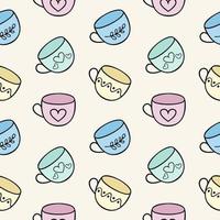 Endless seamless background with tea mugs. Template for the menu of a dining room, cafe or restaurant. Children's cartoon illustration of doodles with cups . Printing on fabric, clothing, and paper. vector