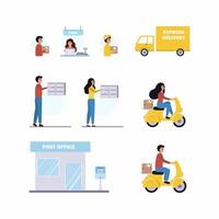 conjunto de ilustraciones sobre el tema de la entrega de cartas y pedidos. las personas envían correos electrónicos a través de su buzón. correos y entrega urgente por mensajería. vector hombre plano.