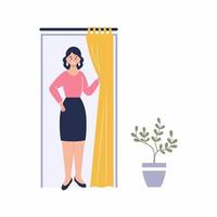 A woman tries on a dress in the fitting room. Buying clothes in the store. Beautiful girl in a skirt and blouse. Vector flat character.
