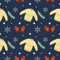 Seamless pattern for New year and Christmas. Mittens, a sweater, and spruce branches. Background for printing on fabric or packaging paper. vector