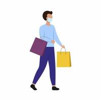 A man in a medical mask is holding a shopping bag. A man goes to the supermarket. vector