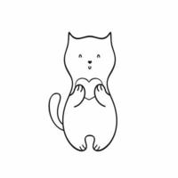 lindo gato con corazón en sus manos. elemento de vector en doodle para el día de San Valentín, cumpleaños, vacaciones. gatito en una tarjeta de felicitación. ilustración minimalista de dibujos animados. libro para colorear para niños, niños pequeños.