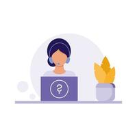 A call center specialist and technical support Manager sits at  laptop with headphones and works with email. Vector flat cartoon illustration. The girl works at the computer without leaving the house.