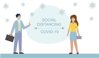 Banner with a call to keep a distance between people. A man and a woman on a poster about coronavirus. Sobig-19 virus epidemic. Poster for a store or medical center. vector