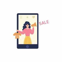 The girl holds a megaphone in her hands and invites you to discounts. Promotions, Discounts and Sales in the online store. Online purchases via smartphone. Vector flat character. Shopping remotely.