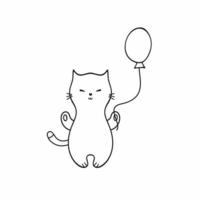 A kitten with a Doodle-style balloon. Minimalist cat isolated on a white background in an abstract style. Hand-drawn illustration, black-and-white linear sketch. Vector drawing for children