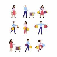 un conjunto de personas que sostienen bolsas de compras. venta de temporada en tienda, centro comercial, supermercado. hombres y mujeres con paquetes están aislados en un fondo blanco. Ilustración de dibujos animados de vector plano.