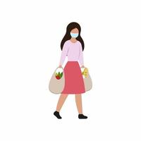 a girl in a medical mask comes out of the store with purchases. A woman carries bags of food and groceries. Discounts, promotions and sales. vector