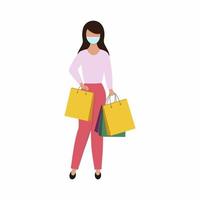 A girl in a medical mask stands with packages. The woman in the mask and the shopping bags. Vector flat character.