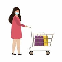 una niña con una máscara médica en el rostro y un carrito de compras. una mujer enmascarada vino del supermercado para hacer algunas compras.