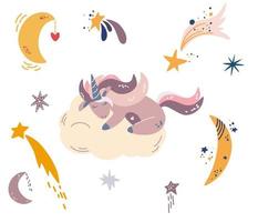 Unicorn sleeps on a cloud. Set of different months of stars and moon. Sweet Dreams. Animal fairy character. Perfect for invitations,children books, fashion,banner. Vector cartoon illustration