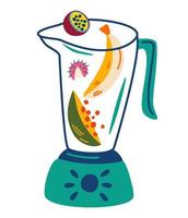 Blender with fruits. Tropical Fruit. Banana, lychee, papaya and passion fruit. Smoothie recipe. Healthy vegetarian food. For restaurant, menus and recipe books. Vector cartoon illustration.
