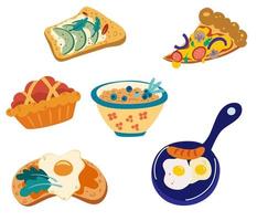 Breakfast set of food. Porridge with berries, avocado sandwich, scrambled eggs, pizza and pie. Various tasty food. Vector hand draw cartoon illustration.