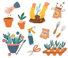 Set of Gardening elements. Cute garden work elements tools, seeds, flower pot, rake shovel and a cart with flowers. Images for gardener farm. Agriculture tools. Flat cartoon vector illustration.