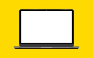 Computer notebook with empty screen. Realistic laptop incline 90 degree isolated on yellow background. vector