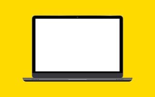 Computer notebook with empty screen. Realistic laptop incline 90 degree isolated on yellow background. vector