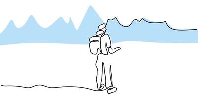 Continuous one line of a man hiking on ice mountain vector