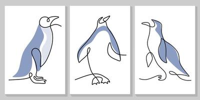 Continuous one line of three penguins poster for wallpaper vector