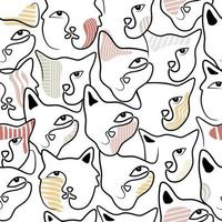 Continuous one single line of cute cat faces seamless pattern vector