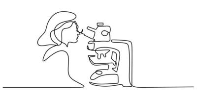 Continuous one single line of woman scientist using microscope vector