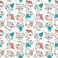 Continuous one single line of cute cat faces colorful seamless pattern vector