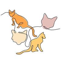 Continuous one single line of two abstract cute cats vector