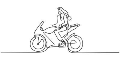 Continua una sola línea de mujer montando motocicleta deportiva. vector