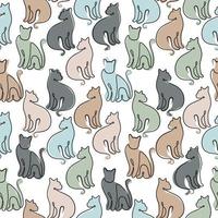 Continuous one single line of colorful cute cat seamless pattern vector