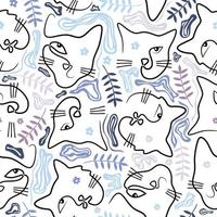 Continuous one single line of cat faces and floral seamless pattern vector