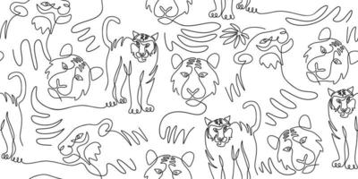 Continuous one line of tiger isolated on seamless pattern vector