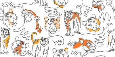 Continuous one line of orange tiger isolated on seamless pattern vector