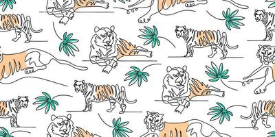 Continuous one line of tiger isolated on seamless pattern vector