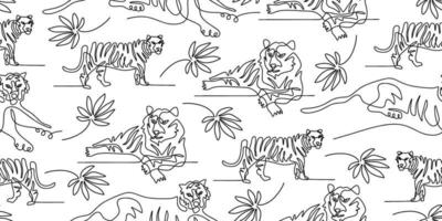 Continuous one line of tiger isolated on seamless pattern vector