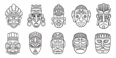 Conjunto de símbolos de caras mayas dibujados a mano aislados sobre fondo blanco. vector