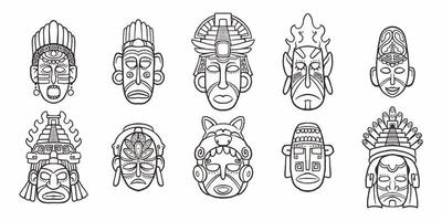 Set of hand drawn maya faces symbols isolated on white background.