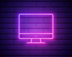 Glowing neon line Computer monitor screen icon isolated on brick wall background. Electronic device. Front view. Colorful outline concept. Vector