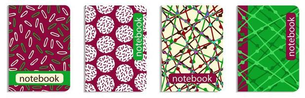 Four pattern  cover of notebook. Set colorful abstract page A4 design for diary, planner, book.  Doodle hand drawn, vector illustration.