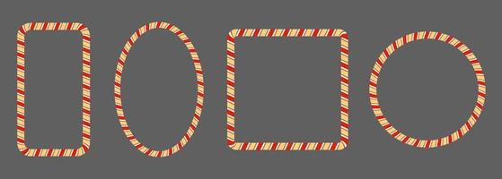 Frame of sweets candy cane. Set classic of red gold borders. Vector isolated flat design.