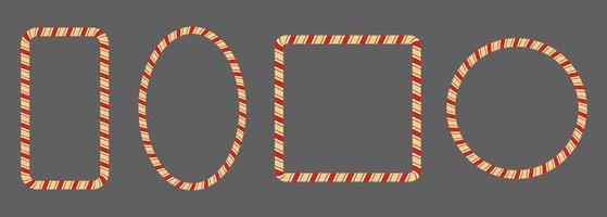 Frame of sweets candy cane. Set classic of red gold borders. Vector isolated flat design.