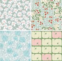 Vector botanical flower and modern geometric shape motif seamless repeat 4 patterns set bundle collection