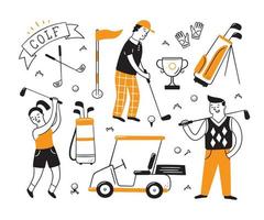 Golf equipment and golfers in doodle style. Club, bag and golf cart. Hand drawn vector illustration